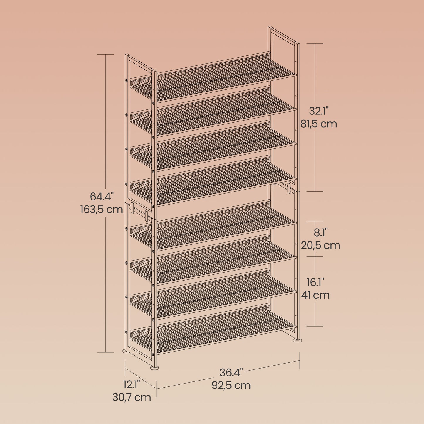 8-Tier Shoe Rack Organizer, Stackable & Adjustable Shelves (Flat,Angled), Metal Frame, Holds 32-40 Pairs, Convertible to 2x 4-Tier, Bronze