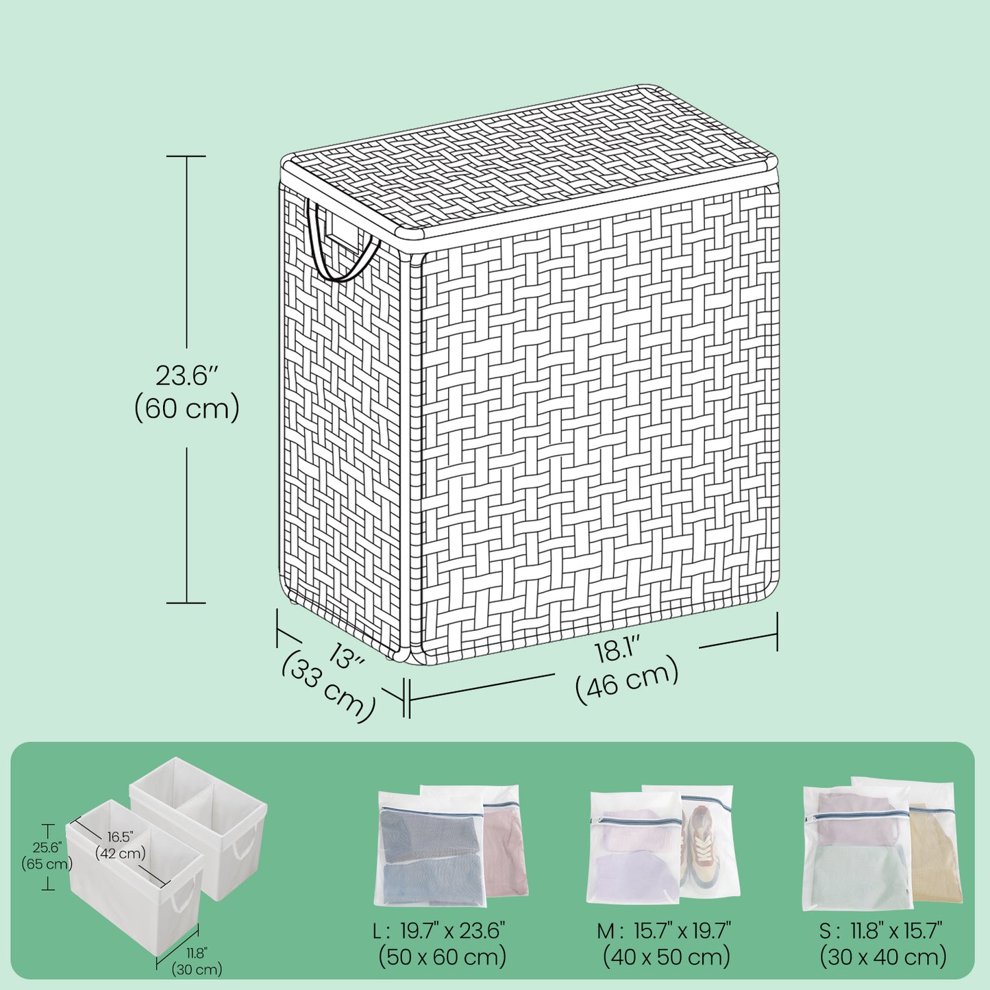 Double Compartment Laundry Hamper with Lid - 90L Capacity, 2 Removable Washable Liners, 6 Mesh Bags, Steel Frame & Wicker, Design for Bathroom Storage, Gray