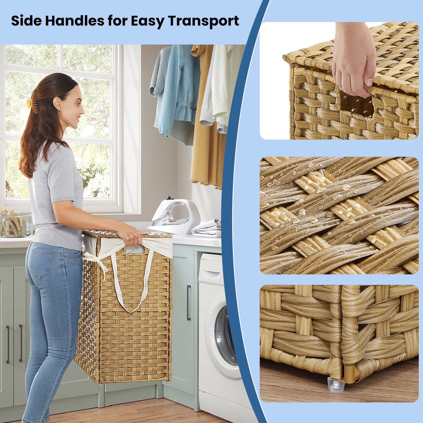 Double-Section Laundry Hamper with Lid & 6 Mesh Bags – 110L Capacity, Removable Washable Liners, Sturdy Steel Frame & Rattan for Bathroom,Home – Natural