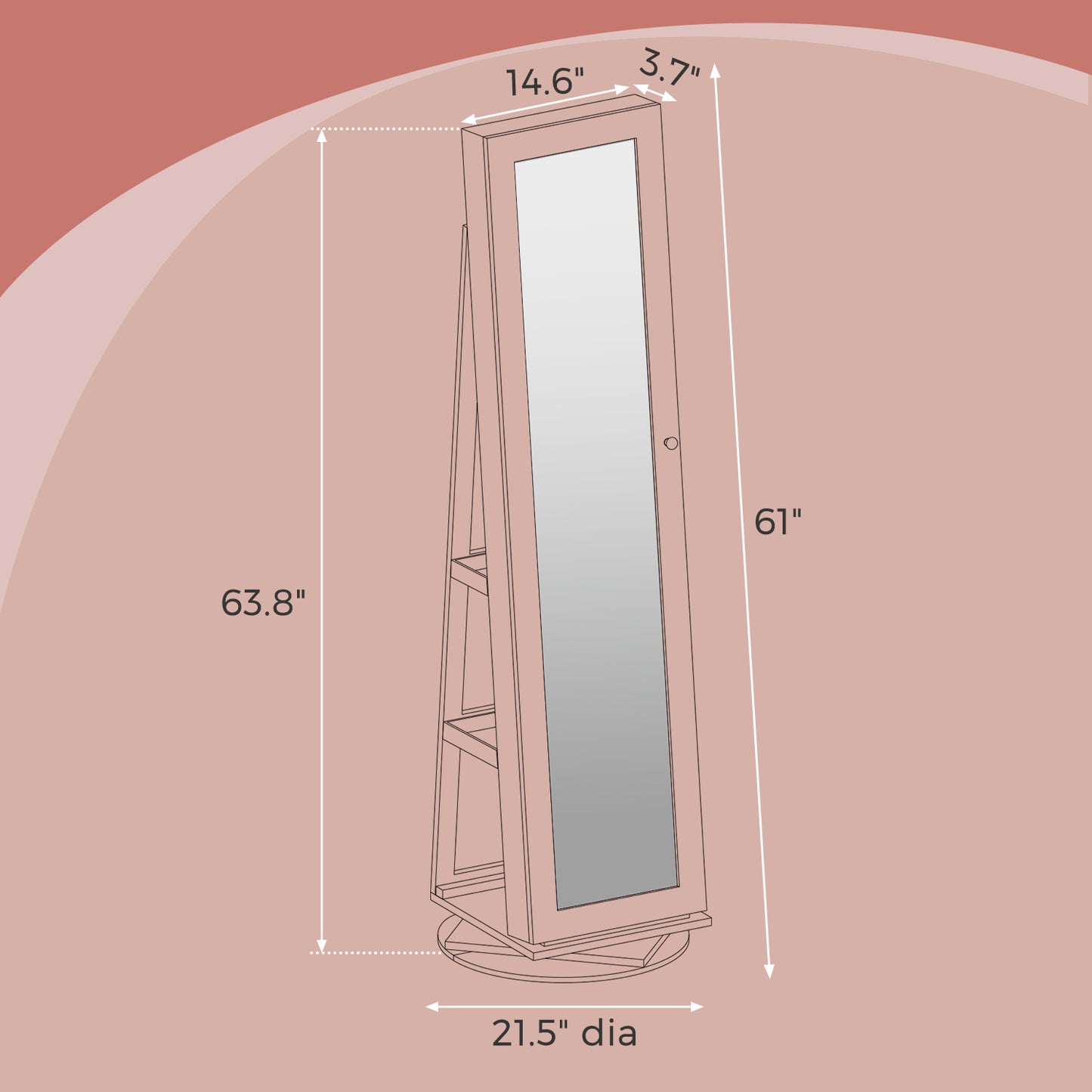 360° Swivel Lockable Jewelry Armoire with Full-Length Mirror, 120 Earring Slots, 12 Necklace Hooks, 78 Ring Slots, Rear Shelves & Interior Mirror,White