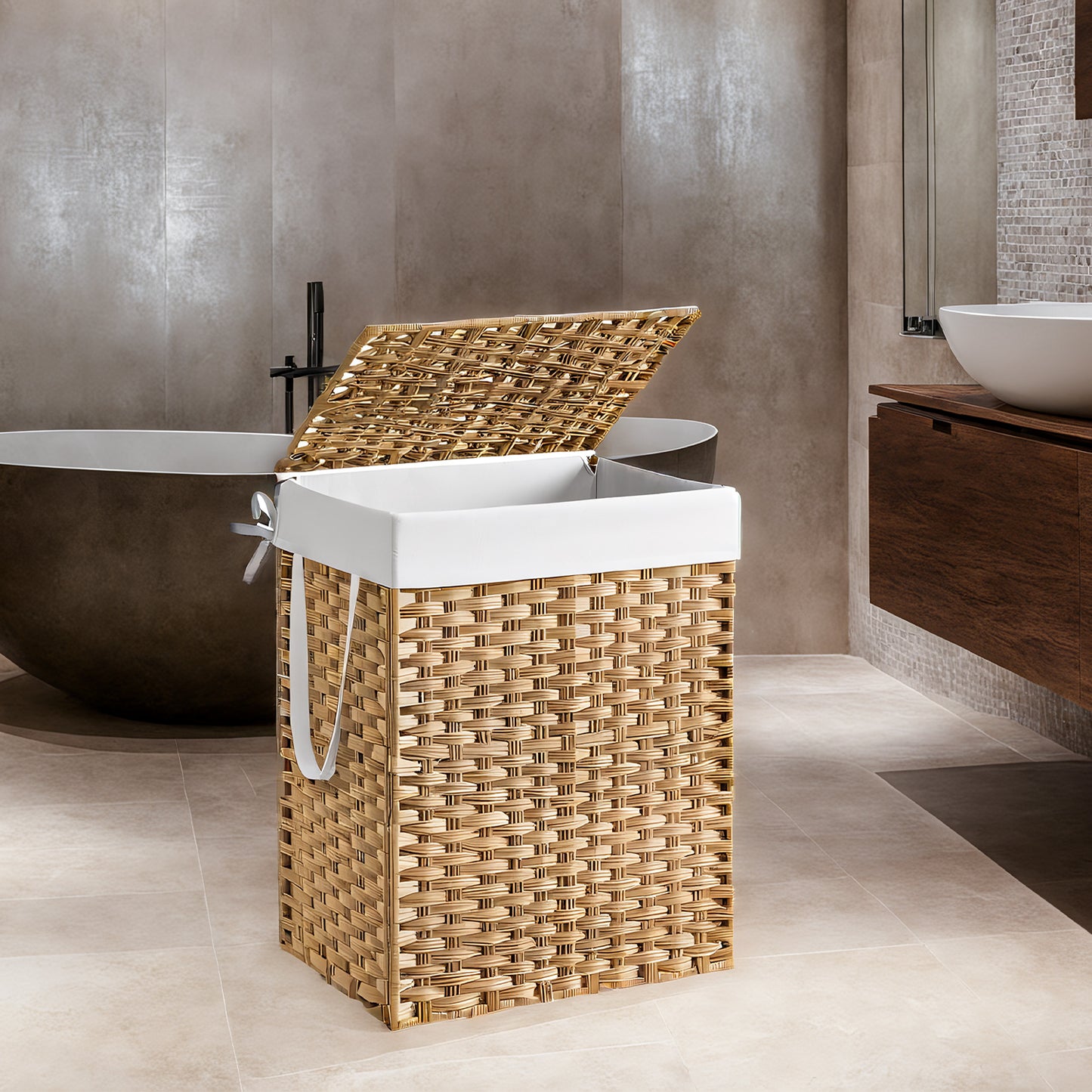 Foldable Laundry Hamper with Removable Liner & Lid – 23.8 Gallon (90L) Synthetic Rattan Basket, Handles for Easy Carry, Space-Saving Design, Fits Bathroom,Bedroom, Goose Yellow