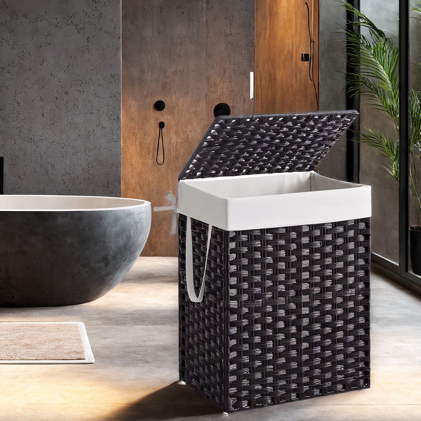 Foldable Laundry Hamper with Removable Liner & Lid – 23.8 Gallon (90L) Synthetic Rattan Basket, Handles, Space-Saving for Bedroom,Bathroom, Black