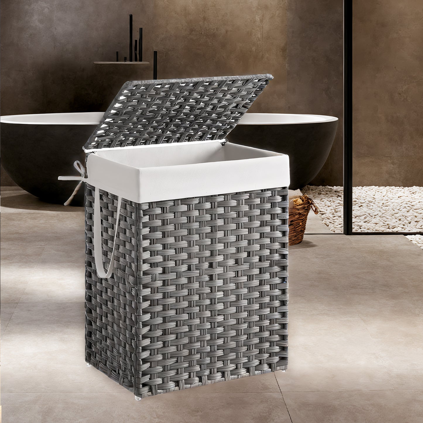 Foldable Laundry Hamper Basket with Removable Liner & Lid, 23.8 Gallon (90L) Waterproof Synthetic Rattan, Space-Saving for Bathroom,Bedroom, Handles for Easy Carry, Dove Gray