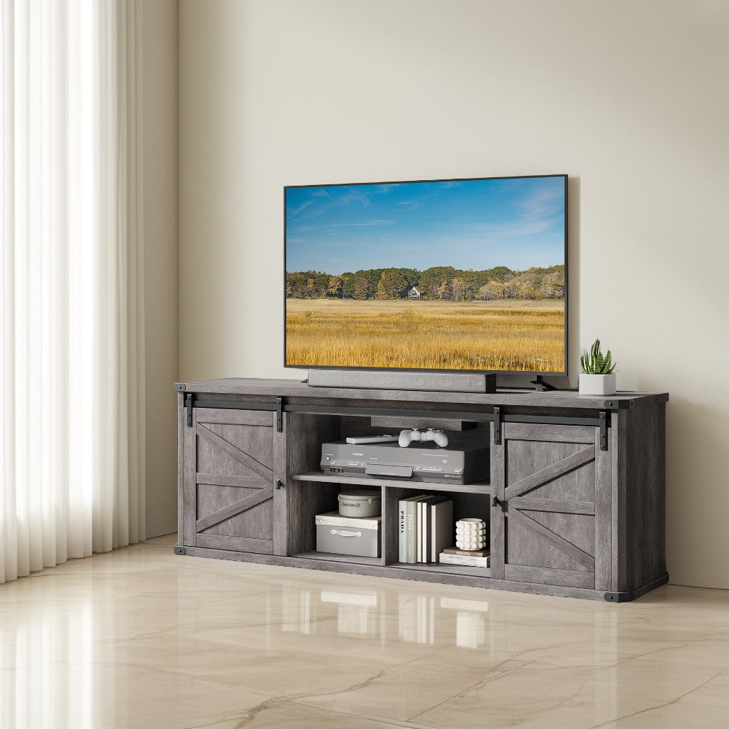 75-Inch Farmhouse TV Stand, Entertainment Center with Sliding Barn Doors & Built-In Charging Station, 7-Compartment Storage, Misty Gray