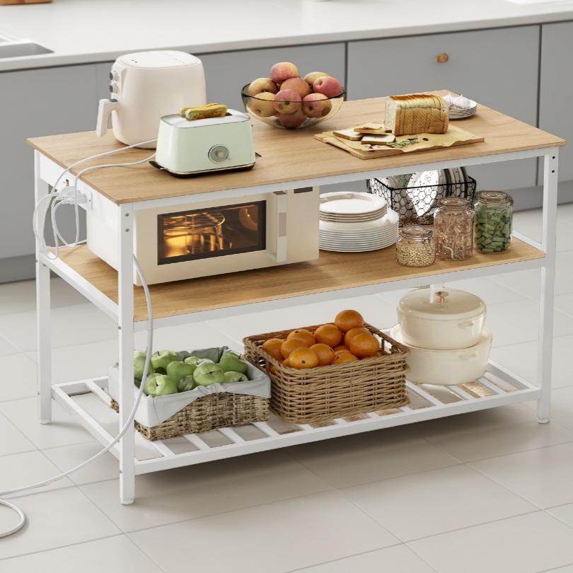 Kitchen Island with 3 Shelves, Built-In Power Strip, Large Worktop, Industrial Steel Frame, Multi-Purpose Kitchen Cart, Easy Assembly, Oak Color and White