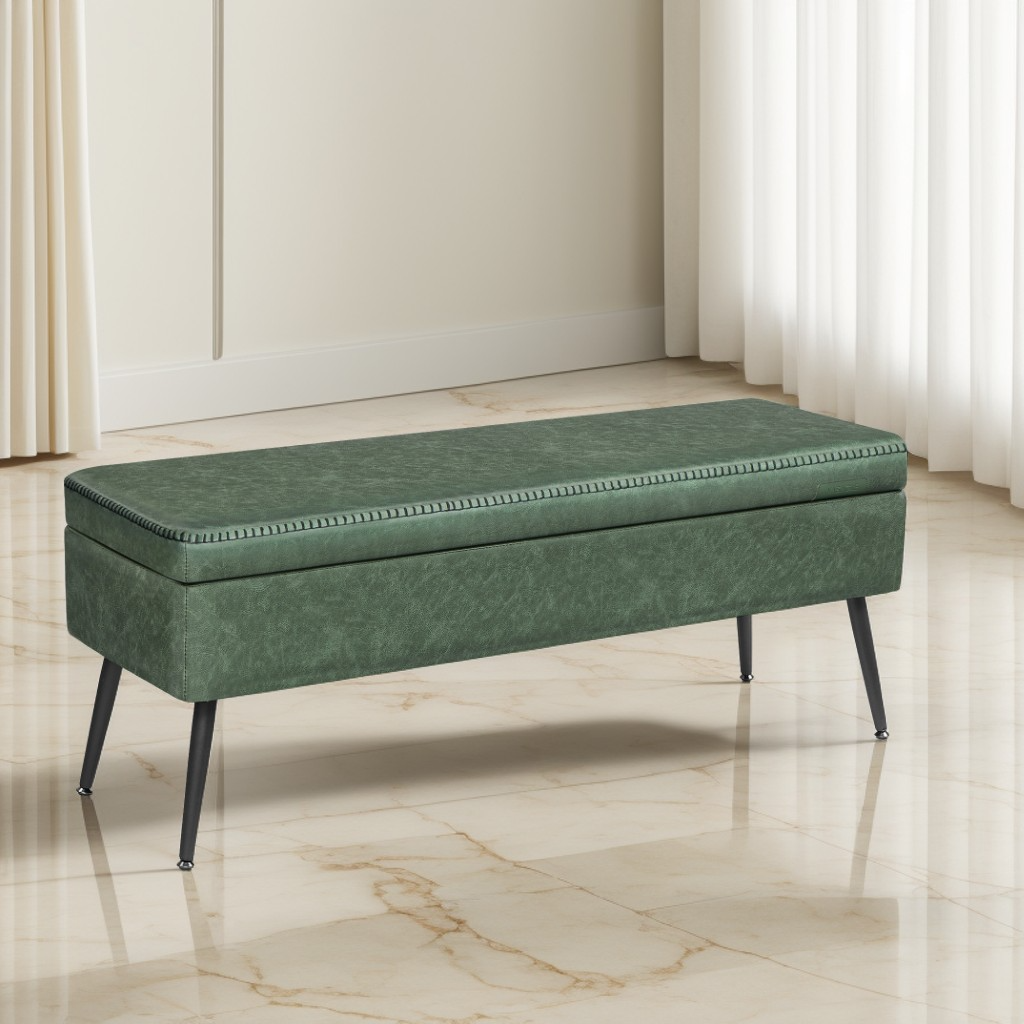 Storage Ottoman Bench, 15 Gal Entryway Bedroom Bench with Safety Hinges, Synthetic Leather Upholstery, 660 lb Capacity, Forest Green