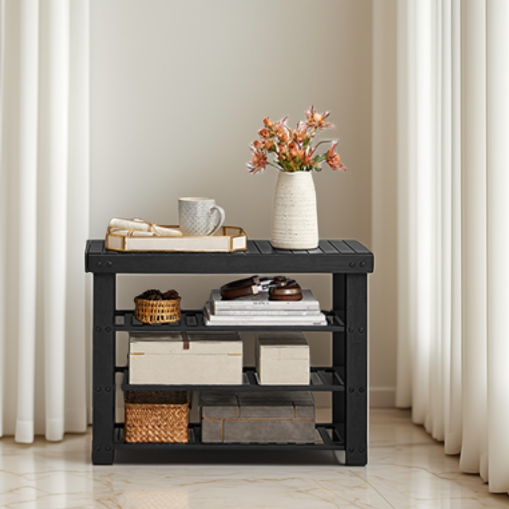 3-Tier Bamboo Shoe Storage Bench, Entryway Organizer with Seating, for Living Room, Bathroom, Bedroom, 27.6" W, Ink Black