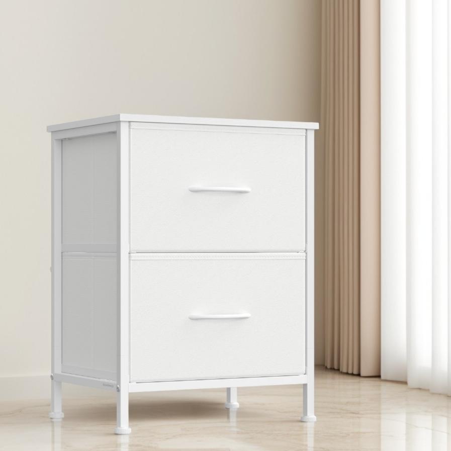 Modern 2-Drawer Storage Dresser, Steel Frame Fabric Chest of Drawers for Bedroom, Closet or Entryway, Cloud White and Snow White