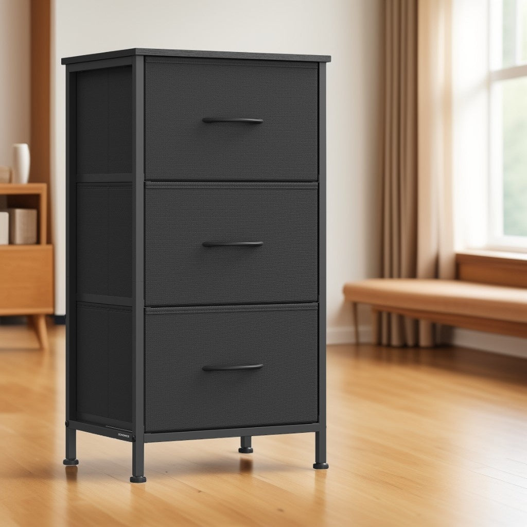 3-Drawer Storage Dresser with Steel Frame, Fabric Drawer Organizer for Bedroom, Closet and Entryway, Ink Black and Ebony Black