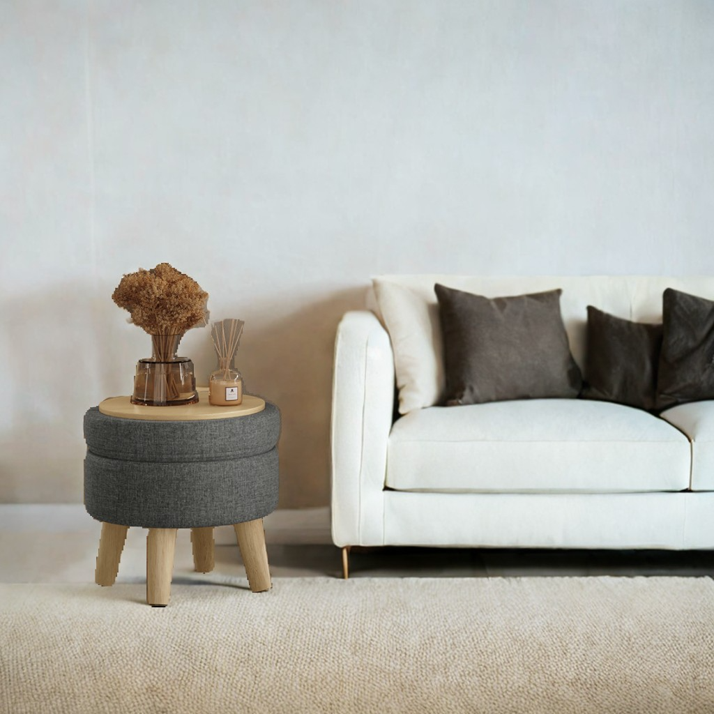 Round Storage Ottoman with Linen-Look Fabric, 12.2-Inch Foot Stool and Small Table for Living Room and Hallway, Slate Gray