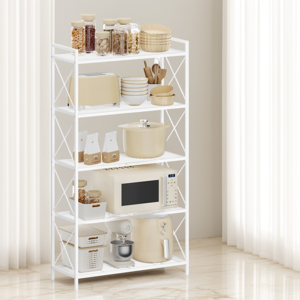 5-Tier Metal Storage Rack with Dense Mesh Shelves, X Side Frame Shelving Unit for Entryway, Kitchen and Bathroom, Cloud White