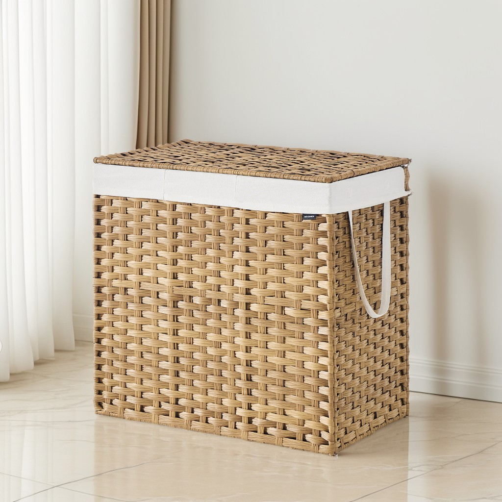 160 L Laundry Hamper with Lid, 3-Section Wicker Basket with Removable Liners and Mesh Bags, Double Laundry Organizer, Natural
