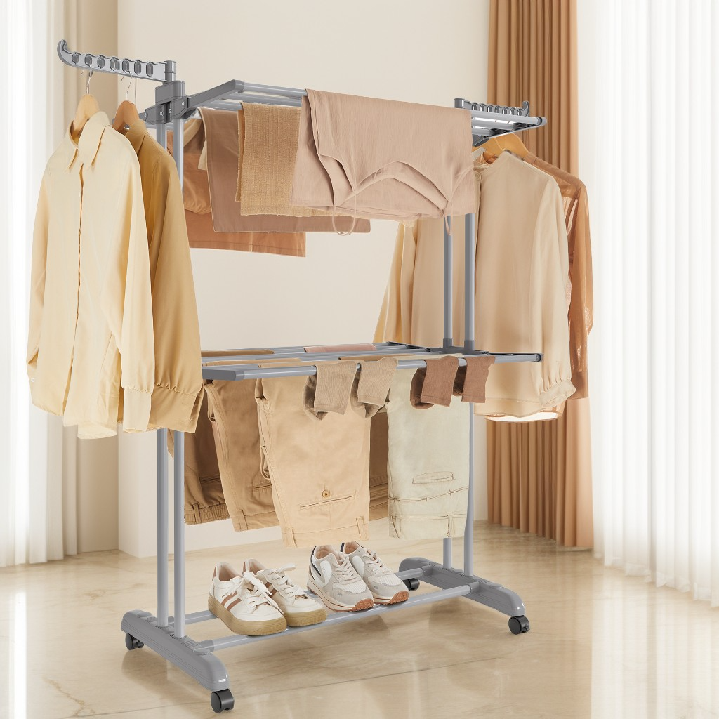 3-Tier Foldable Clothes Drying Rack, 58.3-Inch Stainless Steel Laundry Rack with Wheels for Indoor Outdoor Use, Dove Gray