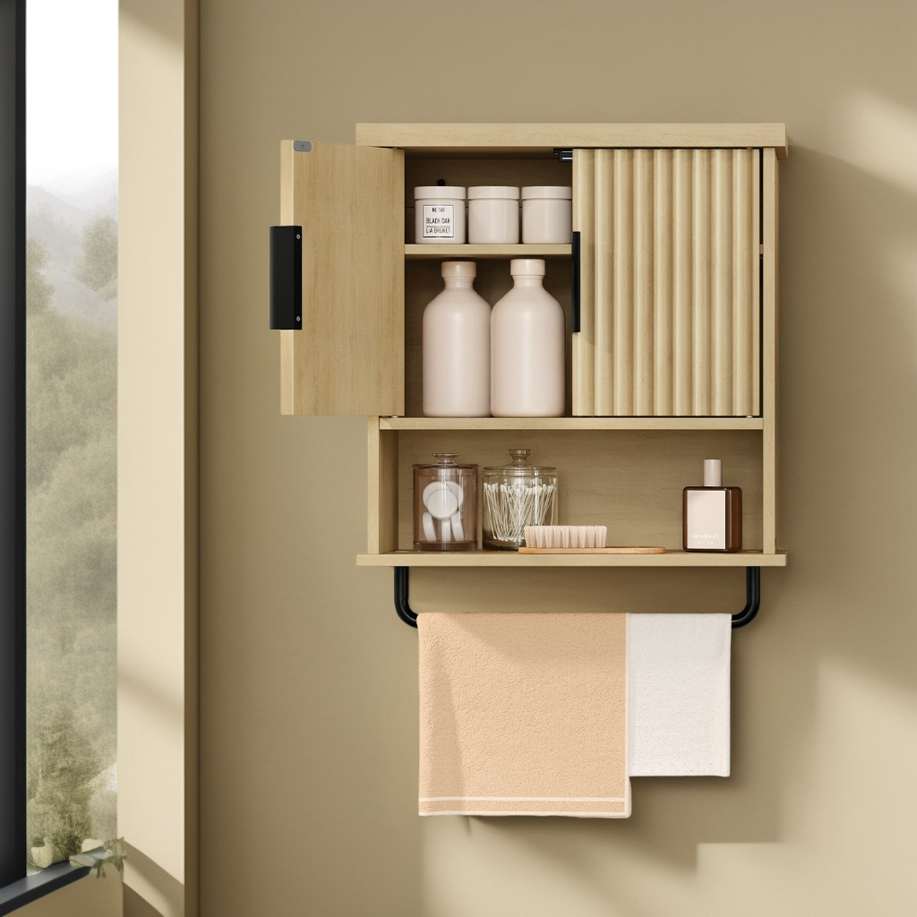 Wall-Mounted Over Toilet Cabinet with Adjustable Shelf, Fluted Doors Hanging Cabinet and Towel Bar, 17.7 x 24 Inches, Oak Beige