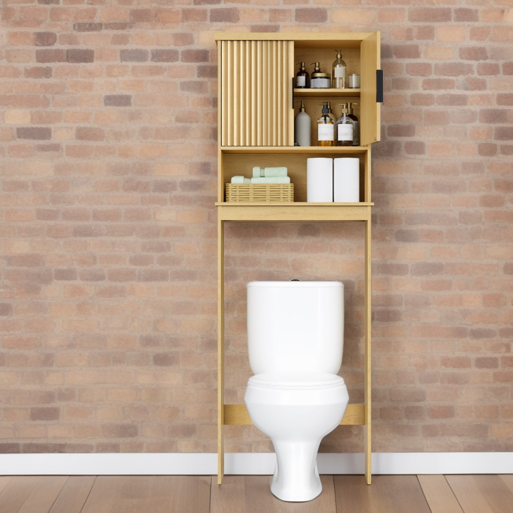 Over-The-Toilet Storage Cabinet with Fluted Doors, Adjustable Shelf Mid Century Modern Bathroom Organizer, 23.6 Inch Wide, Oak Beige