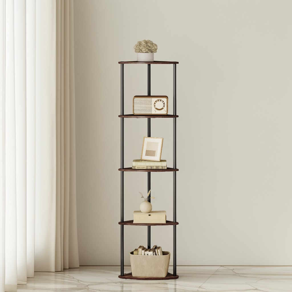 5-Tier Corner Shelf with Toolless Assembly, 15 x 10.6 Inch Standing Shelf for Living Room, Bedroom and Kitchen, Somber Walnut