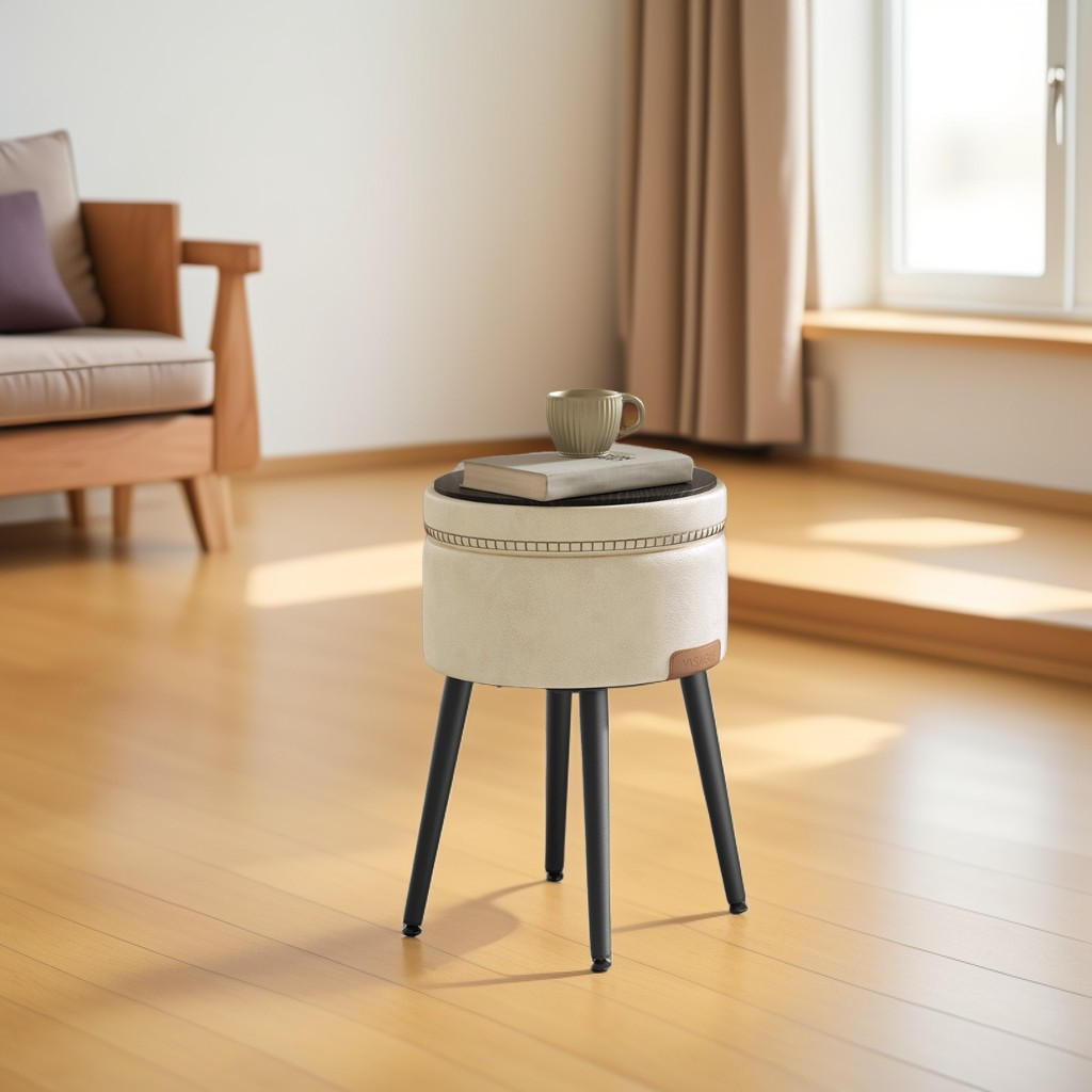 Storage Ottoman Vanity Chair, Mid-Century Modern Round Stool with Steel Legs and 330 lb Capacity, Cream White