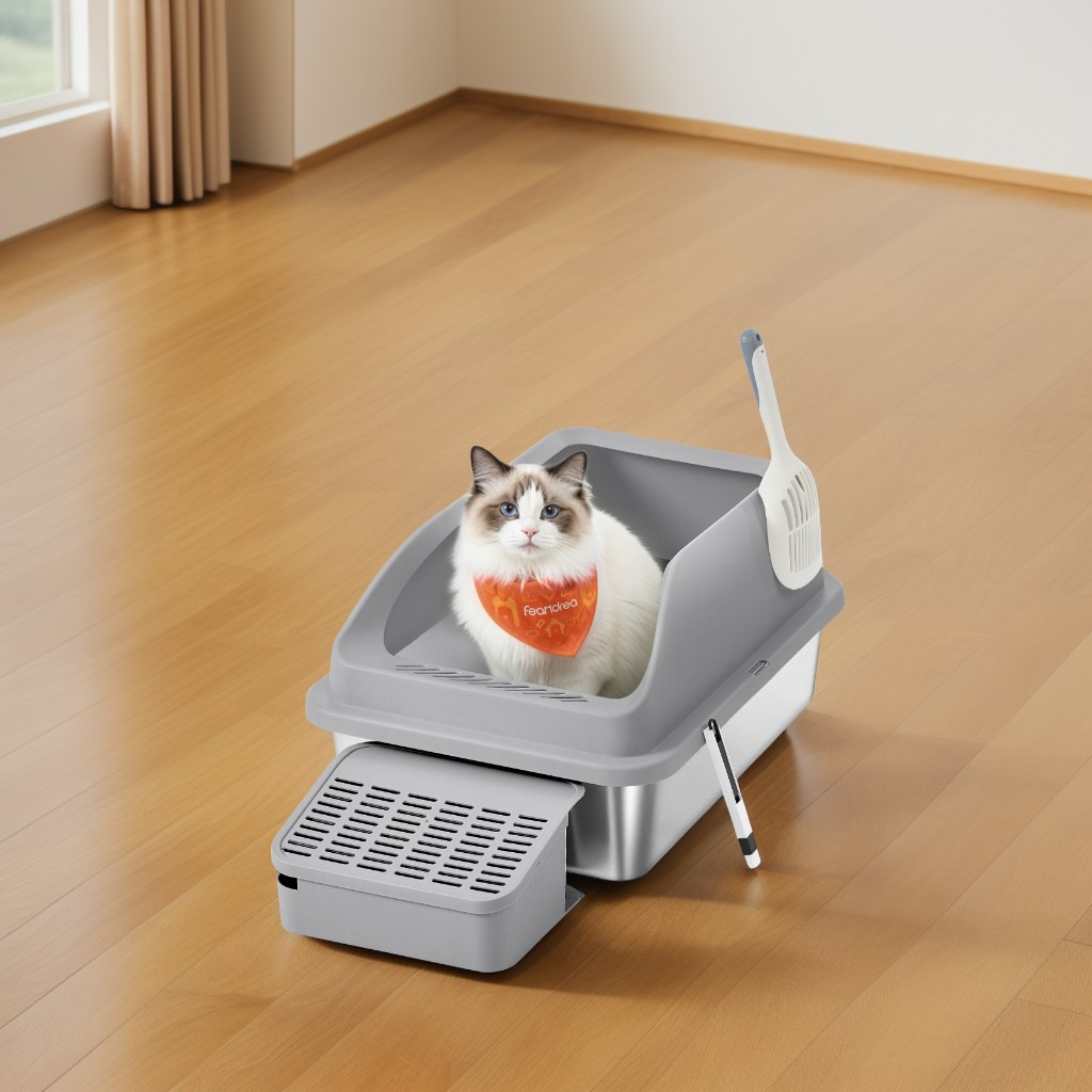 Stainless Steel Open Top Cat Litter Box with Step, High-Sided Litter Tray for Cats up to 33 lb, Slate Gray