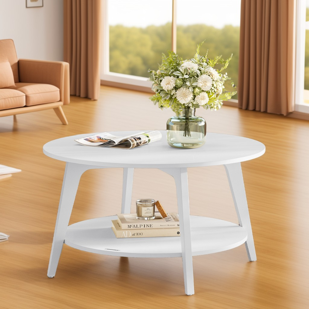 Round Coffee Table, 2-Tier Mid-Century Modern Center Table with Tapered Legs, for Living Room, 31.5 x 17.7 Inches, Snow White
