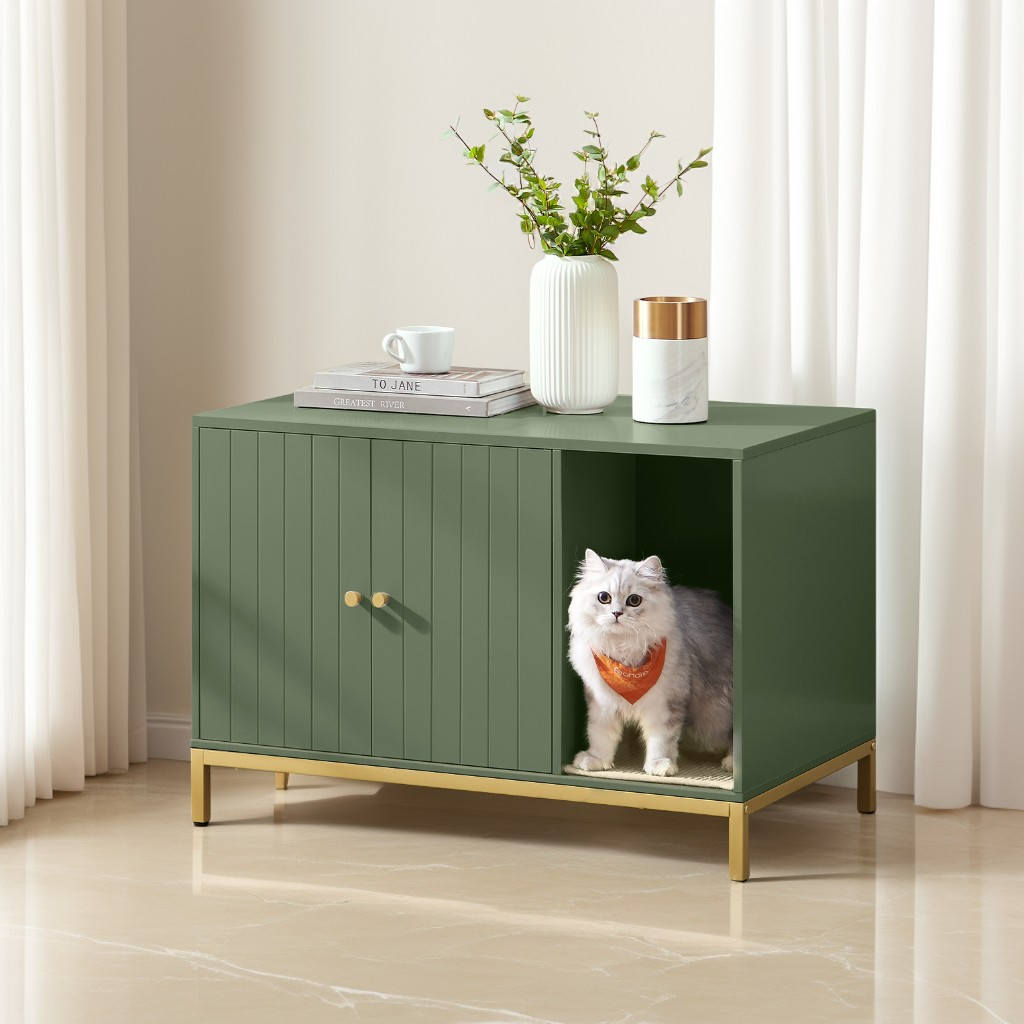 Cat Litter Box Enclosure with Scratch Pad, Hidden Litter Box Furniture with Double Cabinet Doors, Side End Table, Forest Green and Gold