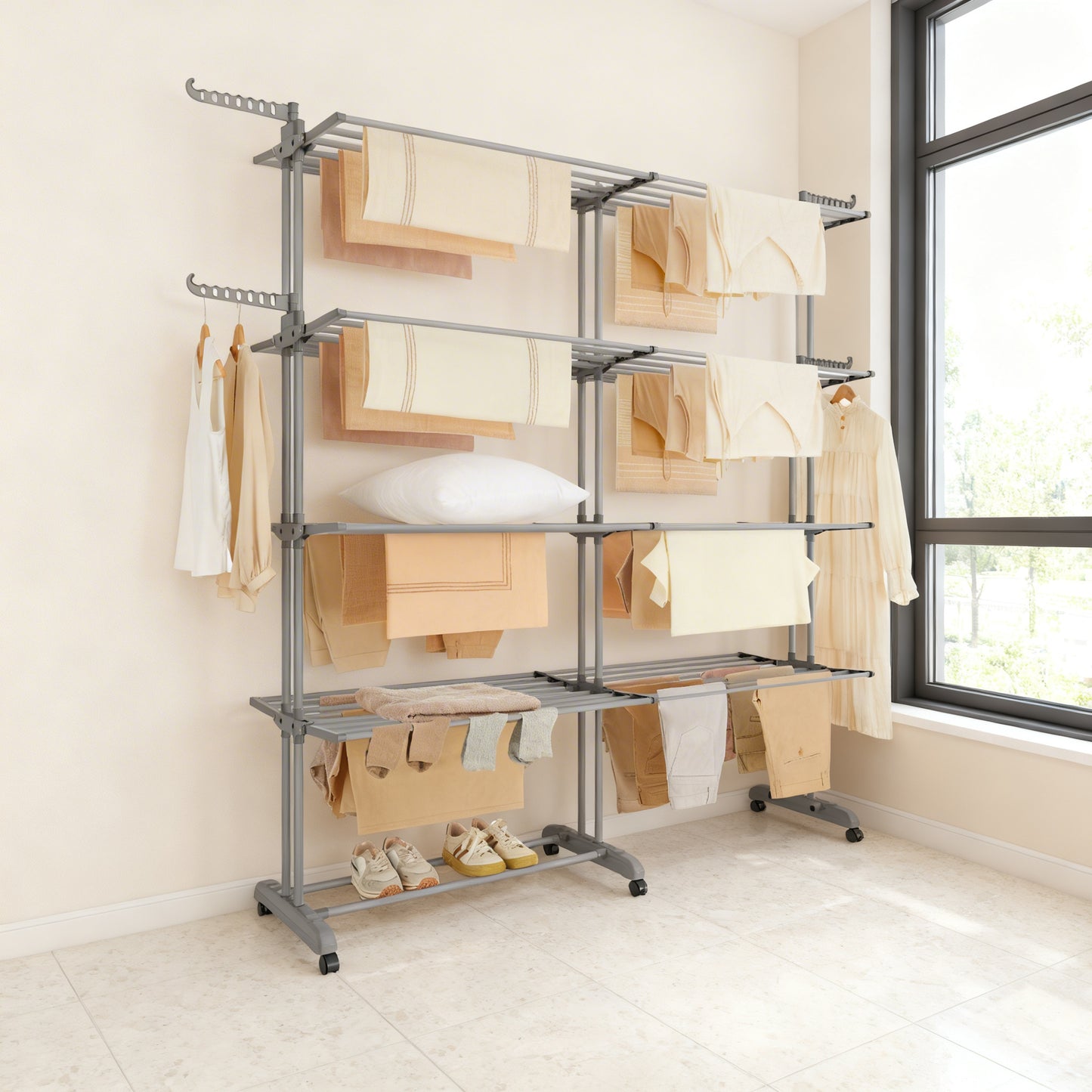 Clothes Drying Rack 4-Tier, Foldable Laundry Drying Rack with Extendable Rods & Rolling Wheels, Stainless Steel Indoor Outdoor Airer, Dove Gray