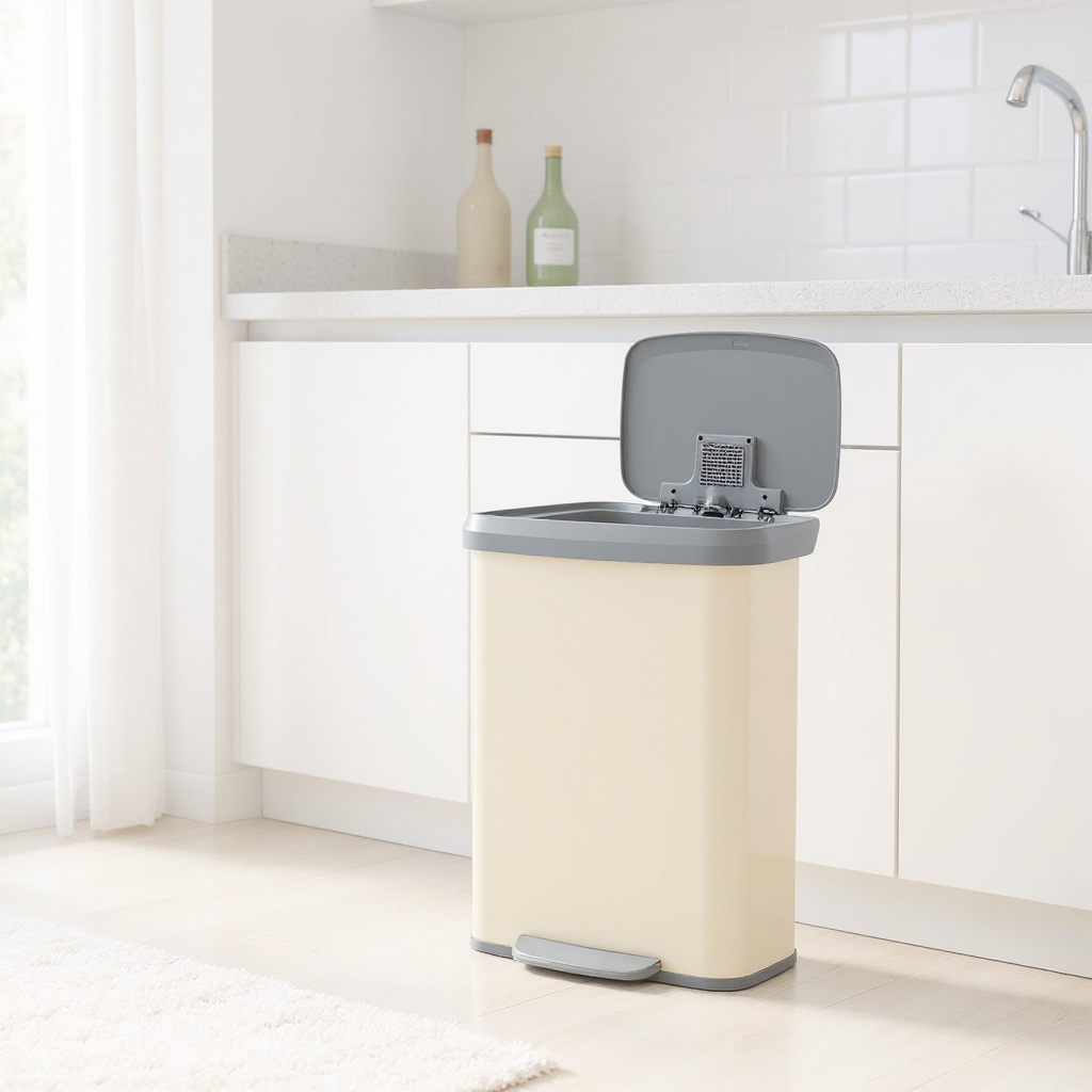 18 Gallon Stainless Steel Kitchen Trash Can, Stay-Open Lid with Step Pedal & Odor Filter, Large Capacity Bin, Sand Beige and Dove Gray