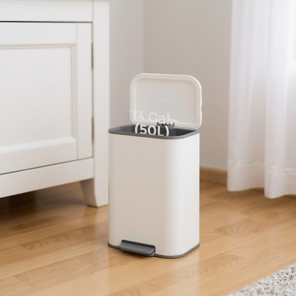 13-Gallon Step Trash Can, Soft-Close Stay-Open Lid, Inner Bucket, Anti-Slip Base, Family Kitchen Stainless Steel Bin,Cloud White