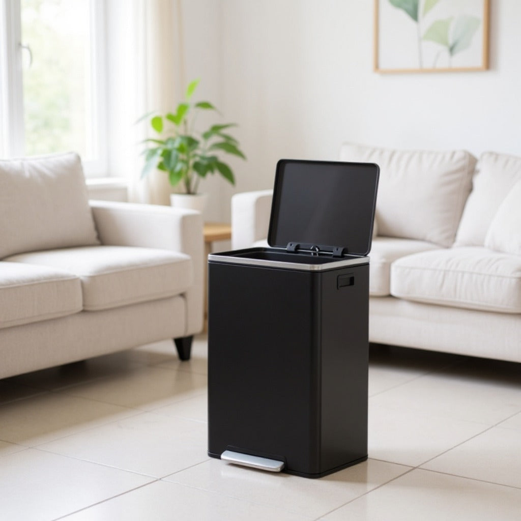 13-Gallon Trash Can with Soft-Close Lid, Removable Inner Bucket, Foot Pedal, Includes 15 Liners – Stainless Steel,Ink Black