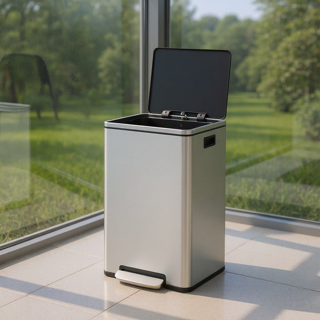 13-Gallon Trash Can with Soft-Close Lid, Removable Inner Bucket, Foot Pedal, Includes 15 Liners – Stainless Steel,Silver