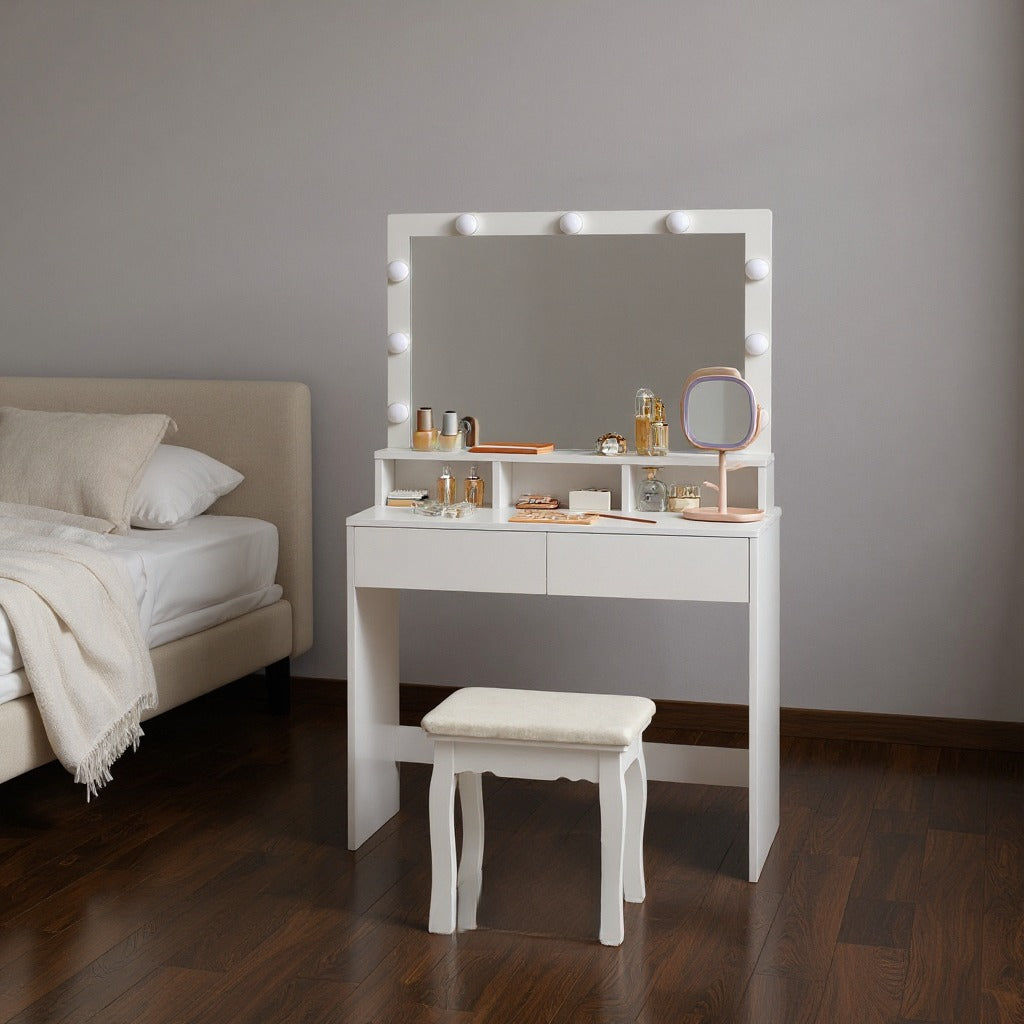 Vanity Desk with Large Mirror & 9 LED Lights, Makeup Dressing Table with Adjustable Brightness, 2 Drawers, 3 Compartments, Anti-Tip Kit, for Bedroom,Cloud White