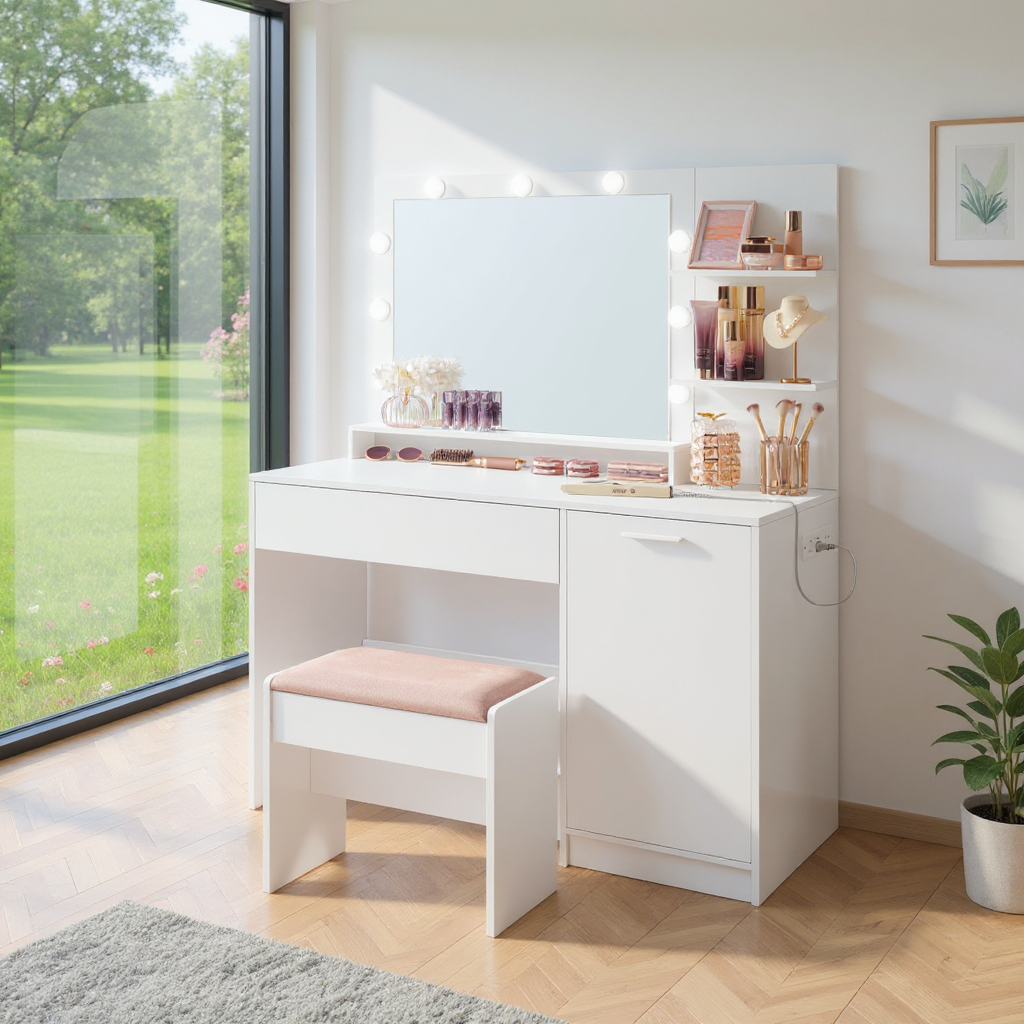 Makeup Vanity Desk Set with LED Mirror & Stool, Dimmable Lights, Power Outlets & USB Ports, Storage Drawer & Shelves, for Bedroom,Cloud White