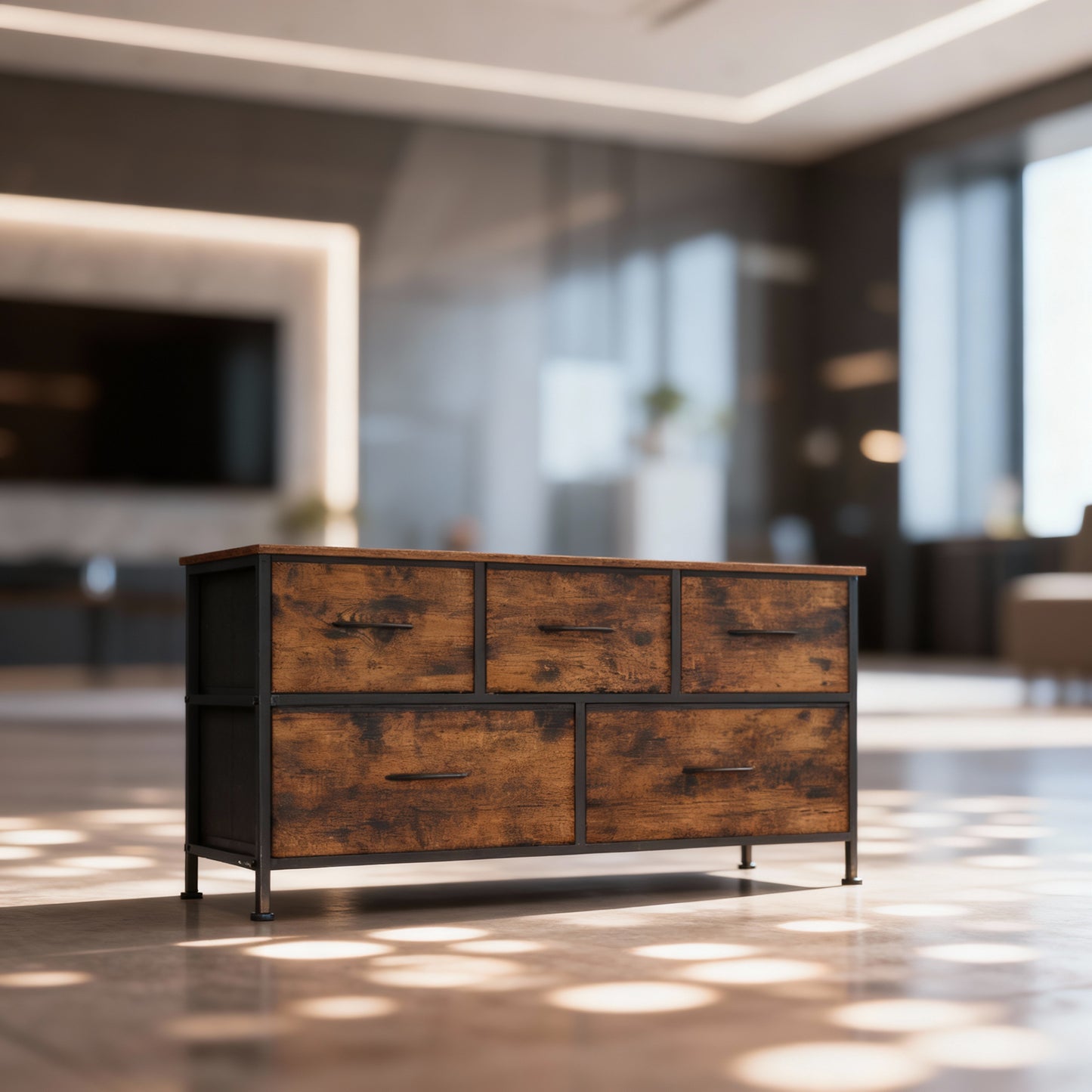 5-Drawer Fabric Dresser, Multi-Functional Storage Cabinet with Steel Frame, TV Stand & Chest of Drawers, Rustic Brown & Ink Black