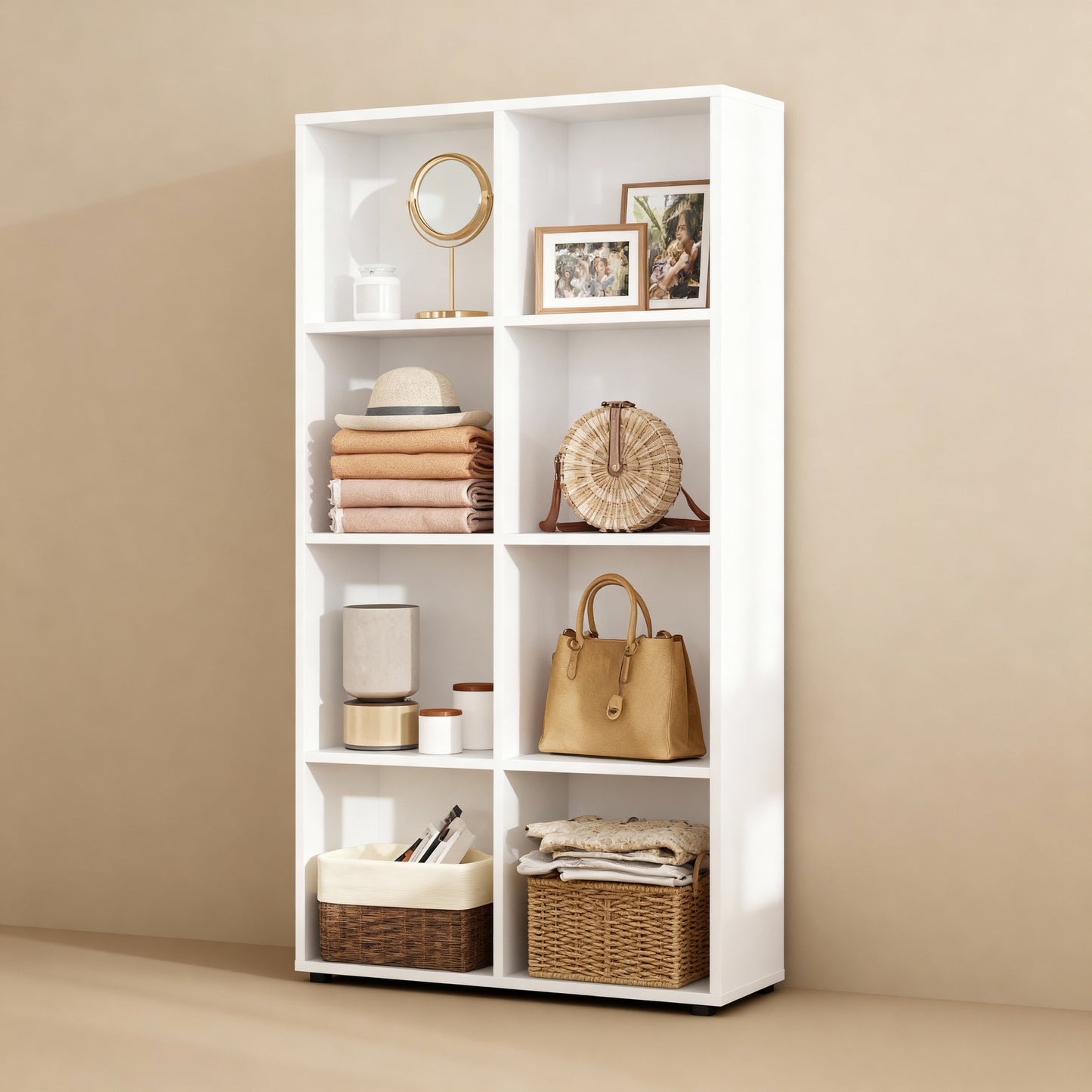 8-Cube Storage Bookshelf, Multifunctional Organizer Shelf for Living Room & Home Office, 51 Inch Display Bookcase, Cloud White