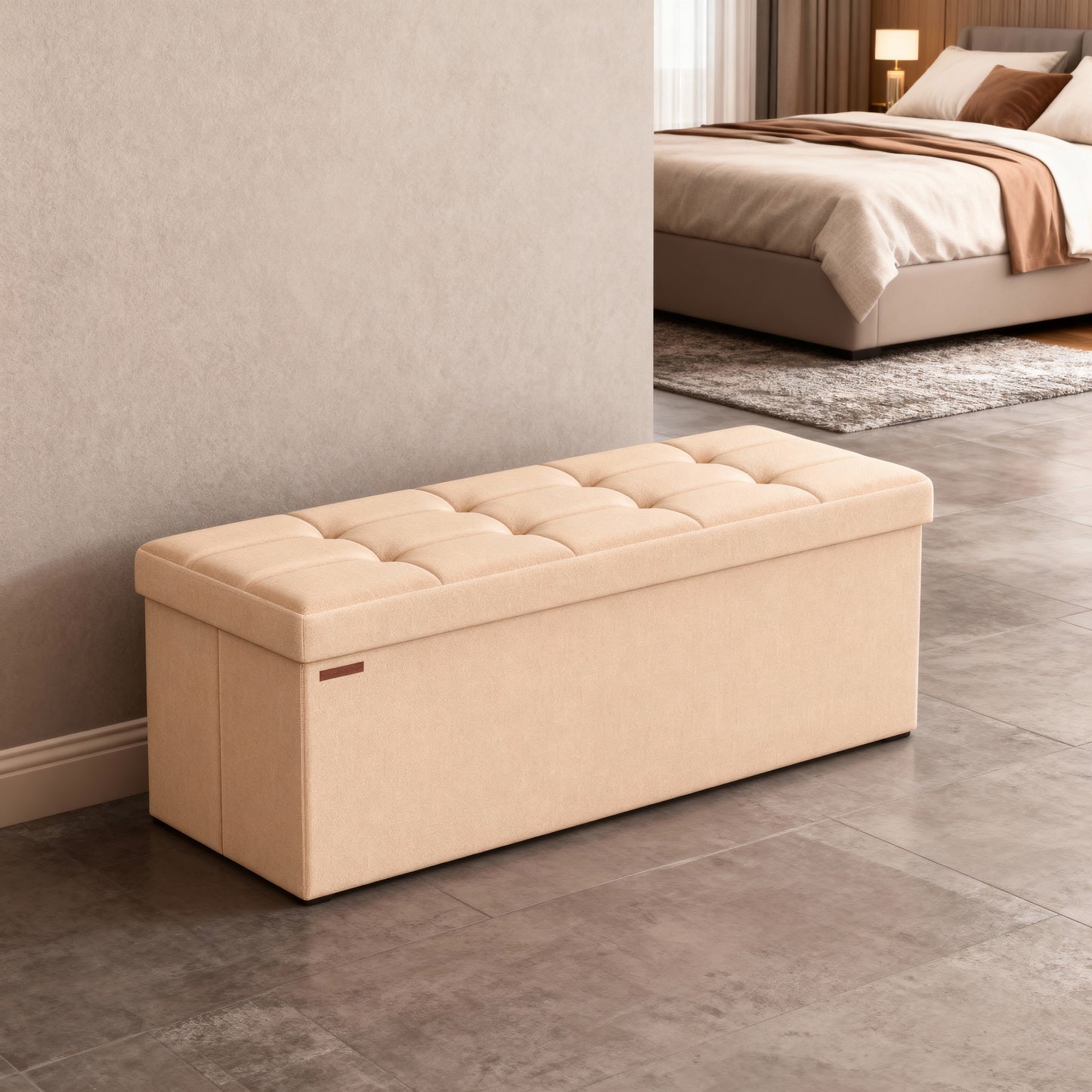 43-Inch Storage Ottoman Bench, Folding Foot Rest Stool with 35-Gallon Capacity & 660 lb Load, for End of Bed & Living Room, Apricot Orange