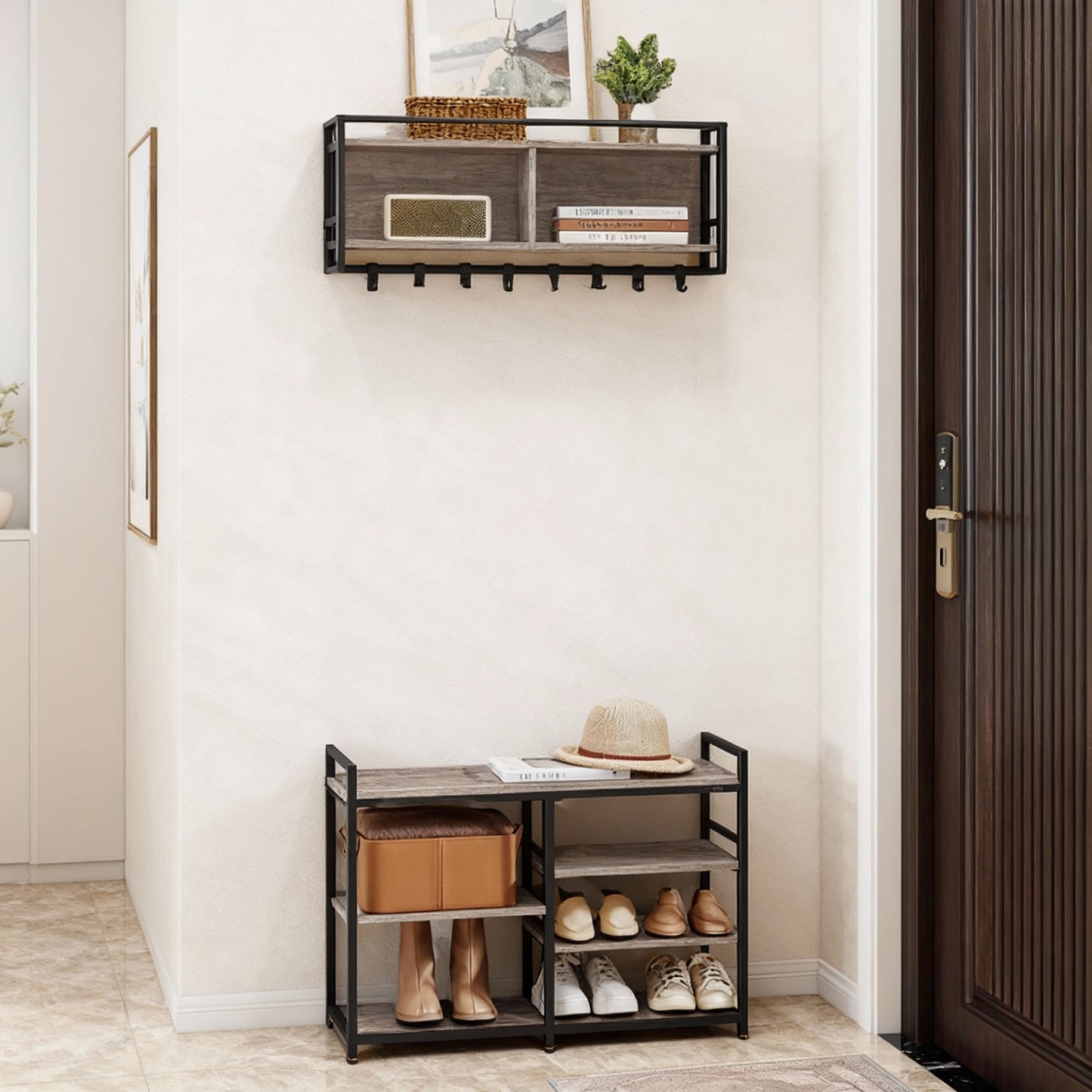 Hall Tree with Shoe Bench, 12-Hook Coat Rack & 4-Tier Shoe Storage, Multifunctional Entryway Organizer, Heather Greige