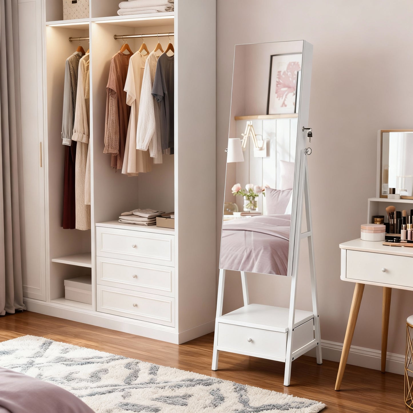 Full-Length LED Mirror Jewelry Cabinet, Lockable Standing Armoire with 200+ Storage Spaces & Drawers, Cloud White