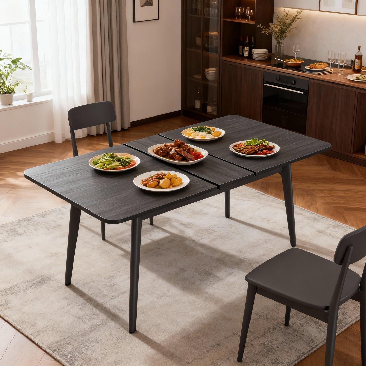 Extendable Dining Table for 4-8 People, Mid-Century Modern Kitchen Table with Heat-Resistant Top, 55.1-70.8 Inch, Charcoal Gray