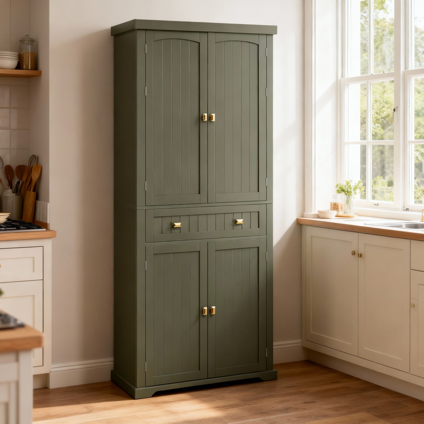 Freestanding Pantry Cabinet, 71.7 Inch Tall Storage with 2 Beadboard Doors, 6 Adjustable Shelves & Drawer, for Kitchen Living Room, Forest Green