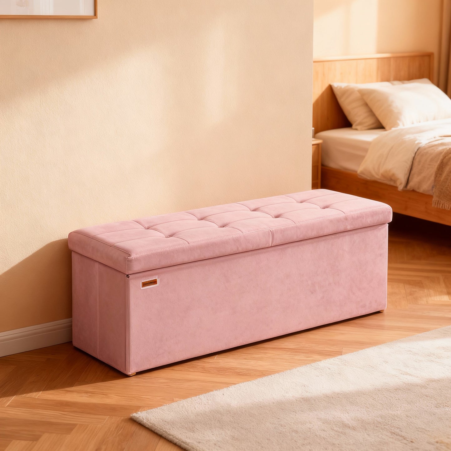 43" Foldable Storage Ottoman Bench with Flipping Lid, MDF Seat with Divider, 660 lb Capacity for Entryway, Living Room, Bedroom, Velvet Footstool, Jelly Pink