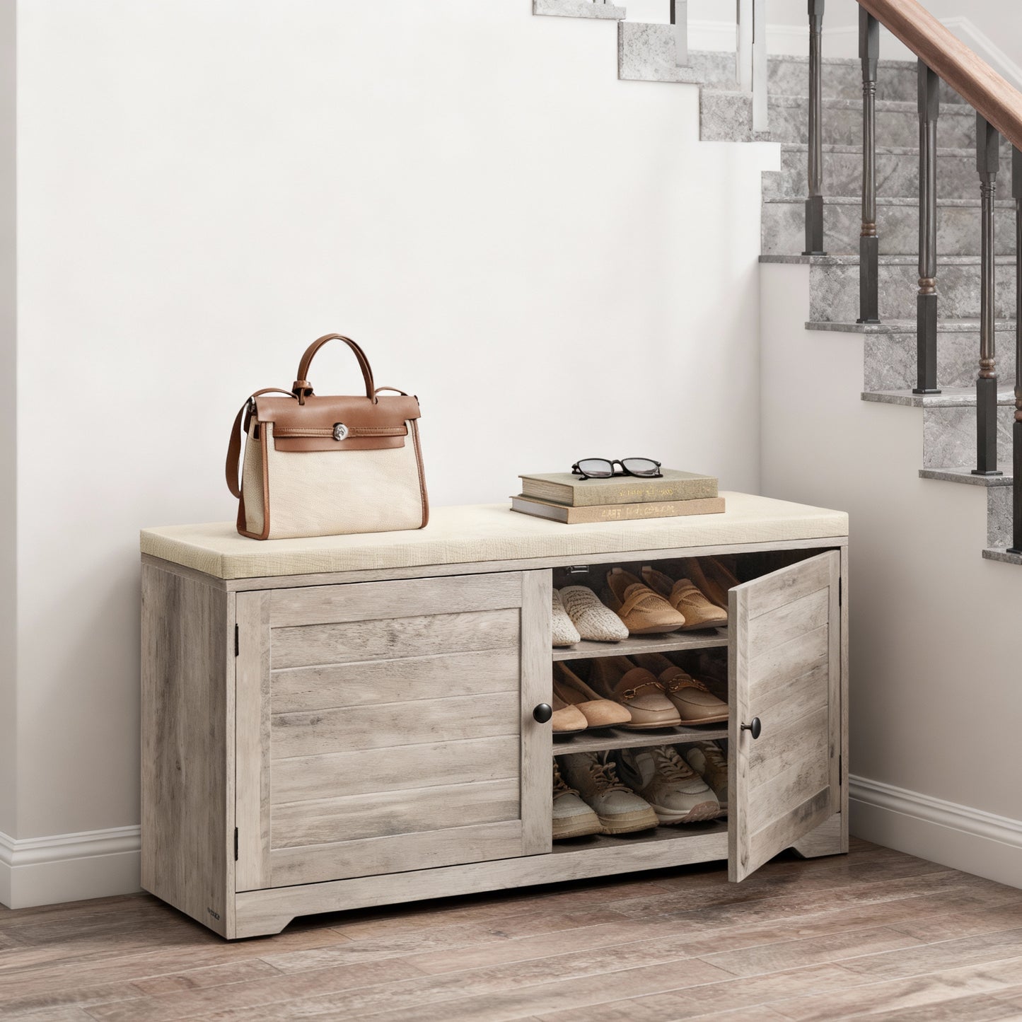 3-Tier Shoe Storage Bench with Cushion, Adjustable Shelves Entryway Bench for Hallway or Bedroom, 39.8-Inch Farmhouse Style, Heather Greige and Cappuccino Beige