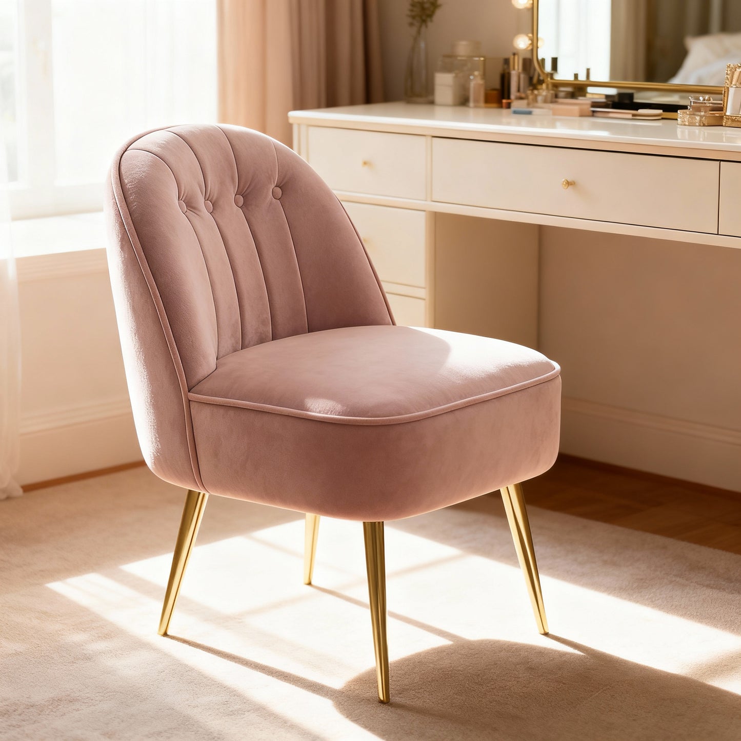 Velvet Accent Chair with Metal Legs, Shell-Shaped Back, Wide Comfy Vanity Chair for Living Room, Bedroom, Office, Jelly Pink