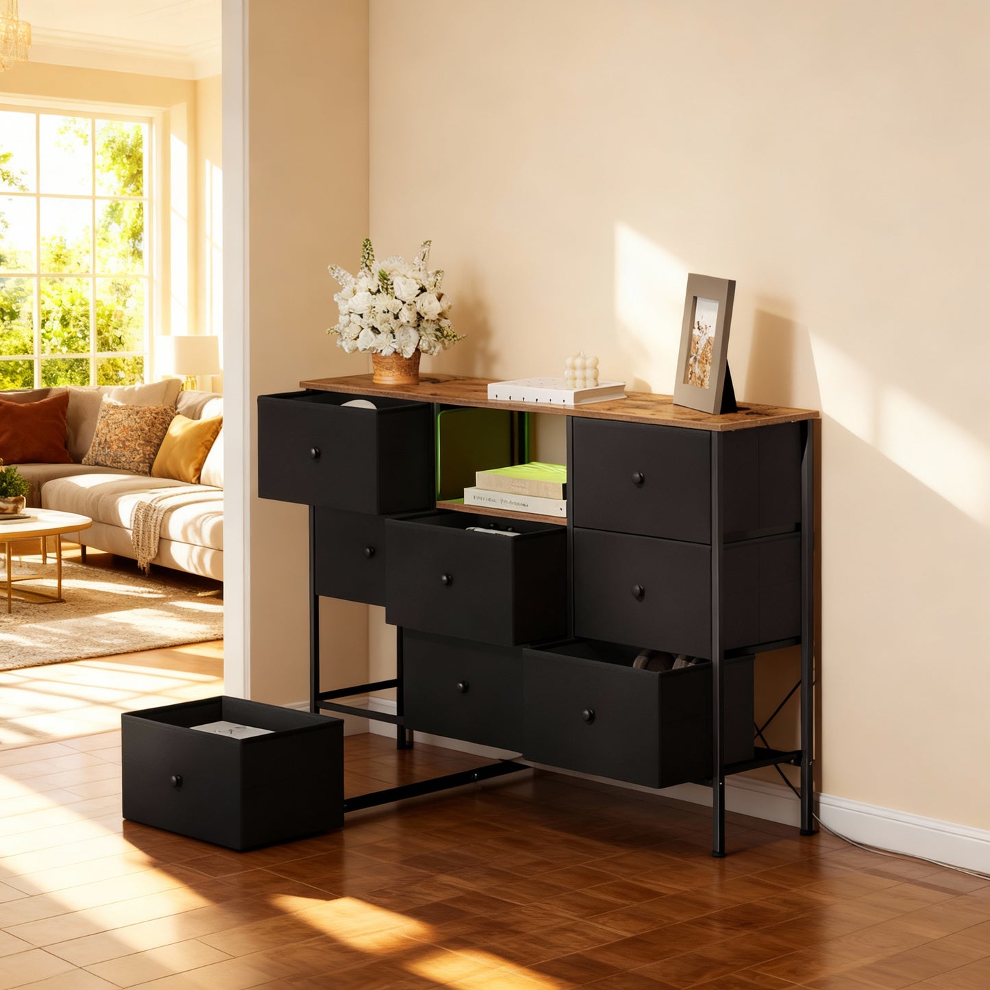 Fabric Dresser with Power Outlets and LED Lights, 8-Drawer TV Stand for up to 60” TVs, Storage Chest with Adjustable Feet, Ink Black and Rustic Brown