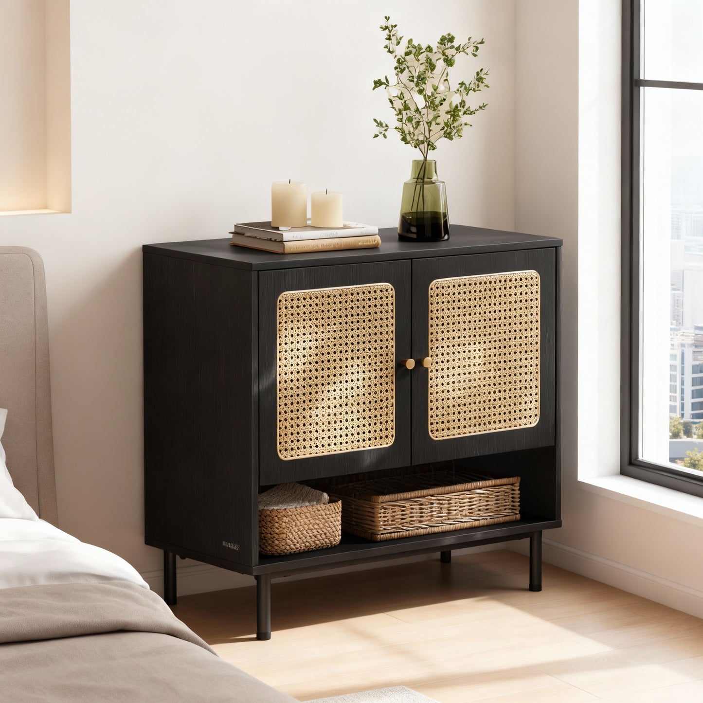 3-Tier Boho Shoe Cabinet with Rattan Design and Adjustable Shelves, 165 lb Capacity, Steel Leg Frame, Ash Black