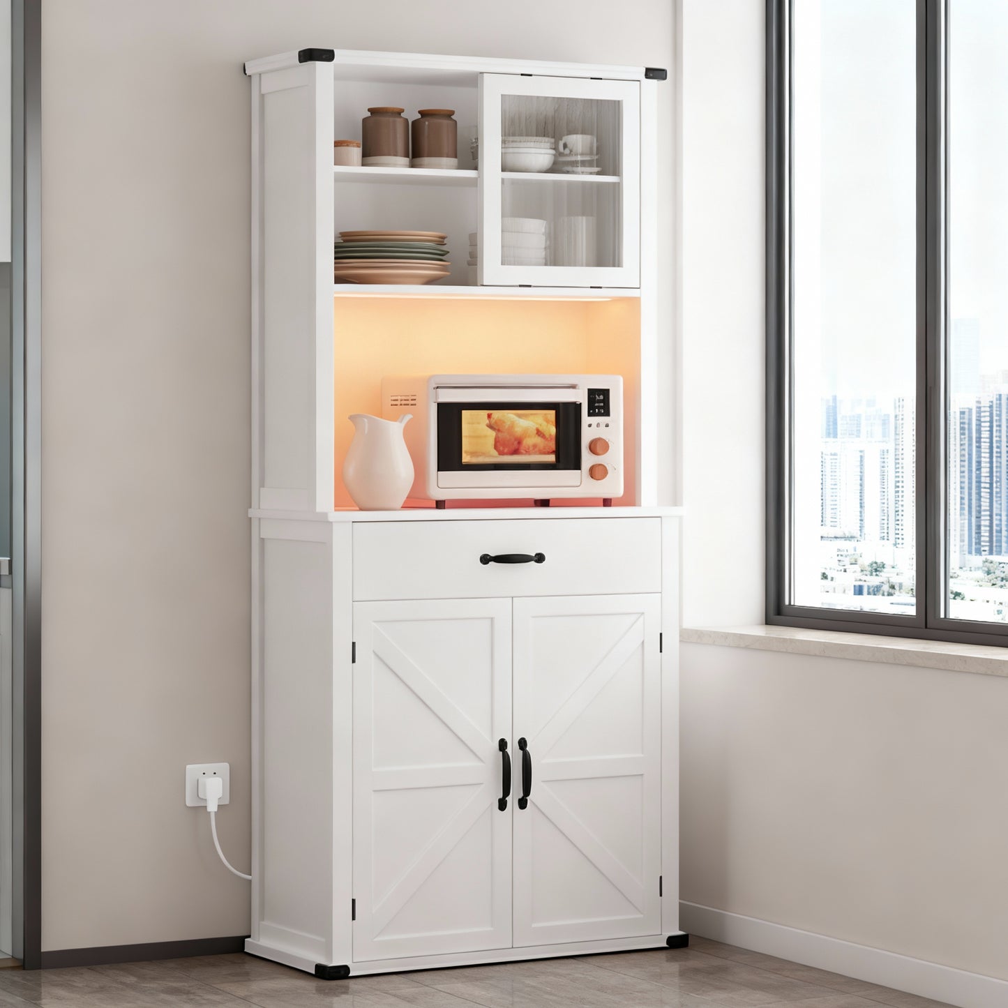 71-Inch Tall Kitchen Pantry Cabinet with Adjustable Lights, Built-In Charging Station, Doors and Drawer, Adjustable Shelves, Farmhouse Coffee Bar, Rustic White