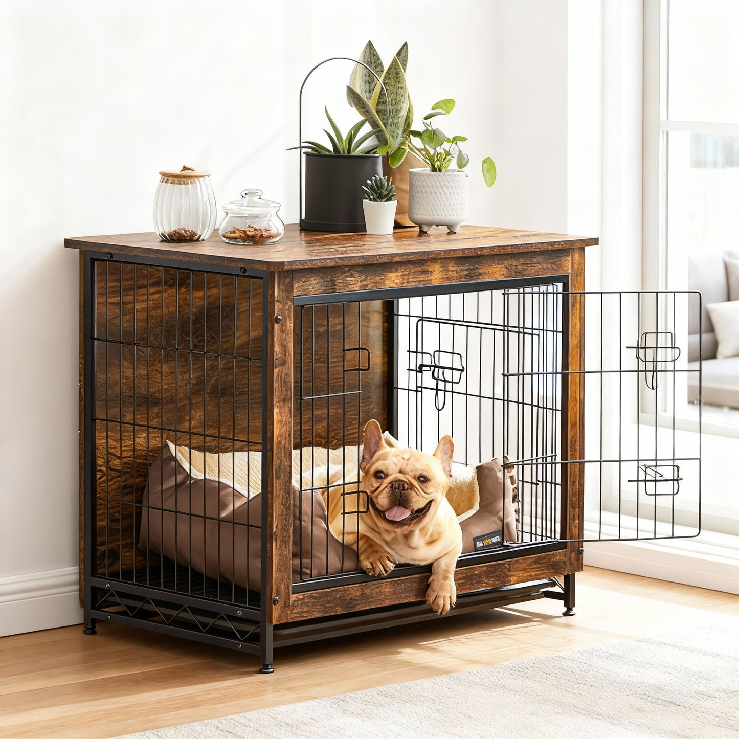 Dog Crate Furniture, 32.5-Inch Indoor Dog Kennel with Double Doors, Removable Tray, Side Table, for Dogs up to 45 lb, Rustic Brown