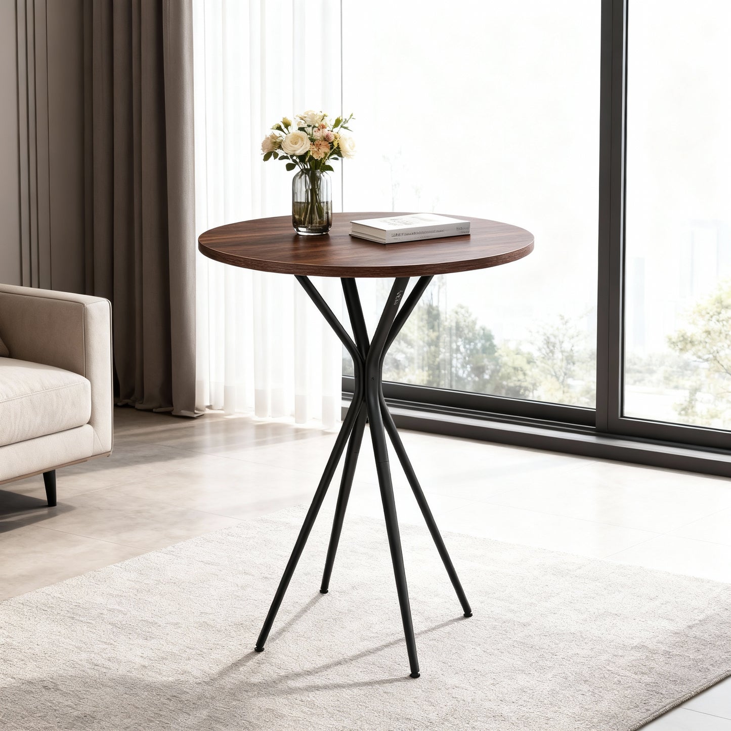 LEDREM Round Bar Table, 23.6 x 23.6 x 41.3 Inches Cocktail High Top Pub Table with Metal X-Frame, Water-Resistant Surface, Easy Assembly, Natural Walnut and Black