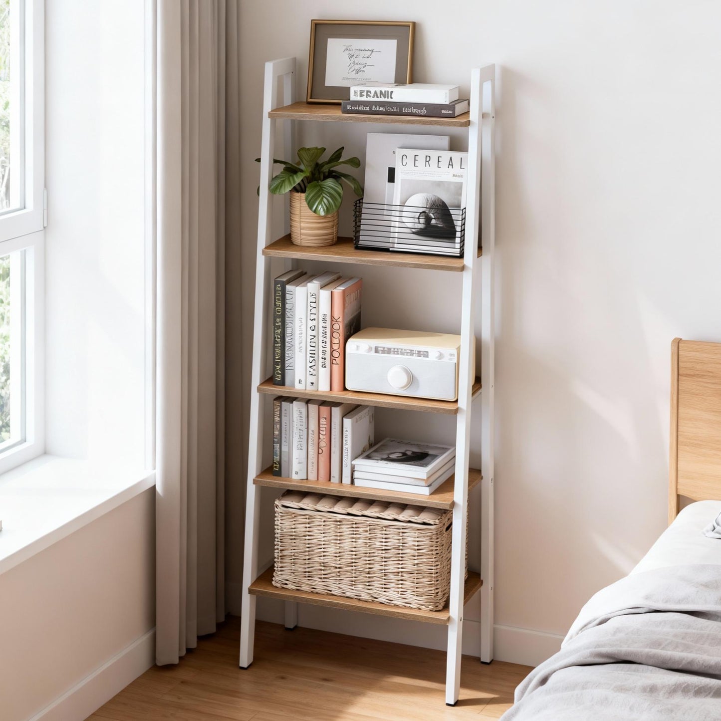 Ladder Shelf, 4-Tier Bookshelf, Storage Rack, Bookcase, for Living Room, Kitchen, Bedroom, Honey Brown and Cloud White
