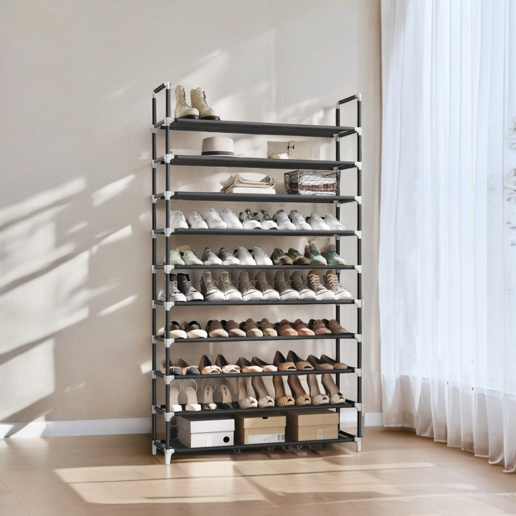 10-Tier Slim Shoe Rack for Entryway & Closet, Metal Frame with Non-Woven Shelves, Holds 40-50 Pairs, Space-Saving Design, Easy Assembly, Black