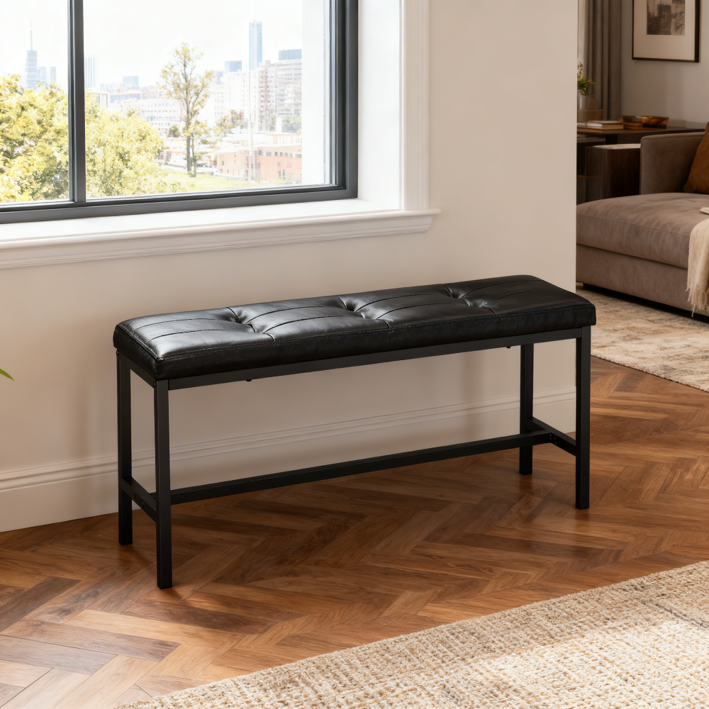 Dining Bench with PU Leather Padded Seat, 42.5-Inch Ottoman Bench for Dining Room, Living Room, Hallway, Bedroom, Black