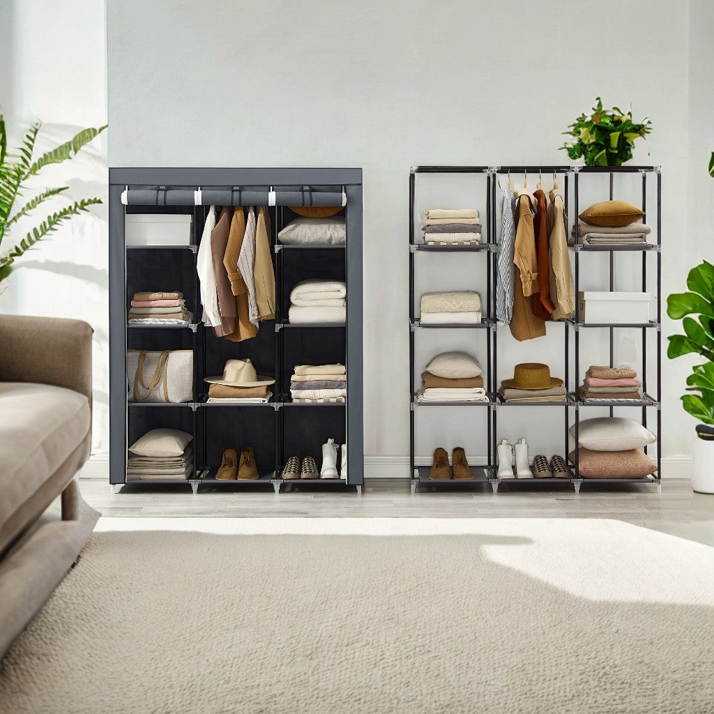 Large Portable Closet with 10 Shelves & Hanging Rail - Freestanding Fabric Wardrobe for Bedroom, 66 Inch, Grey